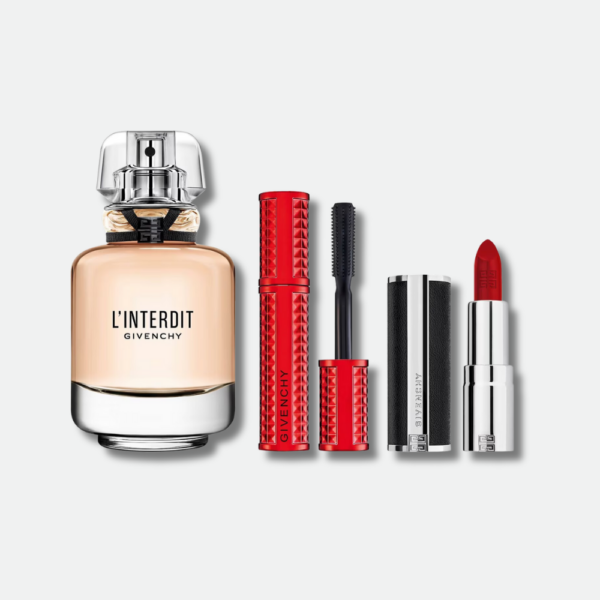 Coffret L'Interdit Givenchy Eau de Parfum, incluant un rouge à lèvres et un mascara, pour un cadeau festif et audacieux
